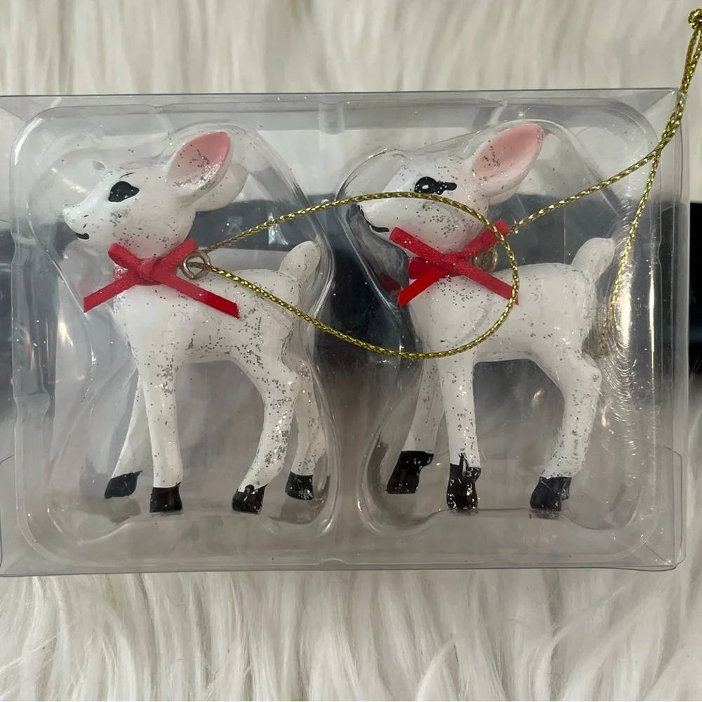 Retro Small Deer Christmas Tree Ornament Set White - Set of 2